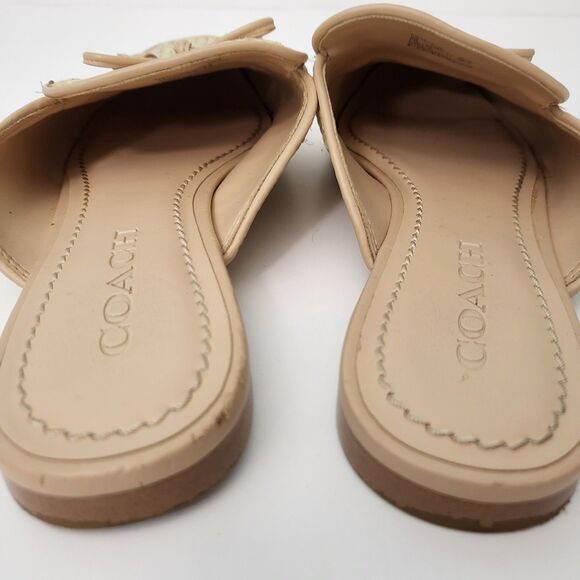 COACH Stassi Raffia Mules Womens 8 Neutral Gold Weave Slip On Tassle Flats - Picture 4 of 10